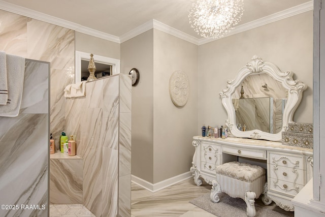 bathroom featuring a notable chandelier, marble finish floor, crown molding, baseboards, and vanity