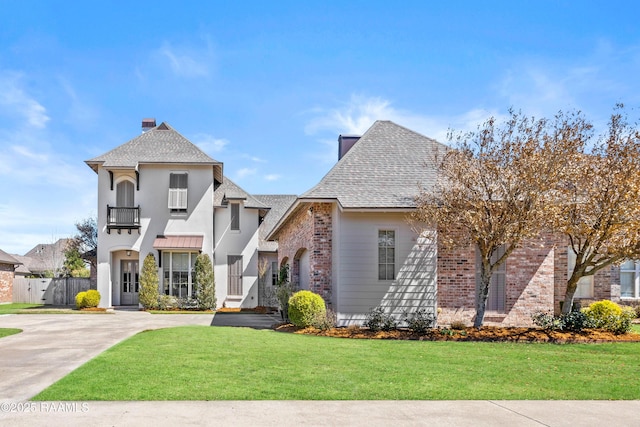 french provincial home featuring brick siding, driveway, a front lawn, and roof with shingles