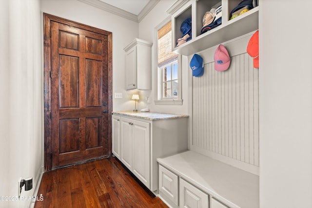 mudroom featuring ornamental molding and dark wood-style floors