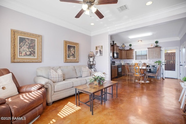 living area featuring ornamental molding, visible vents, ceiling fan, and finished concrete flooring