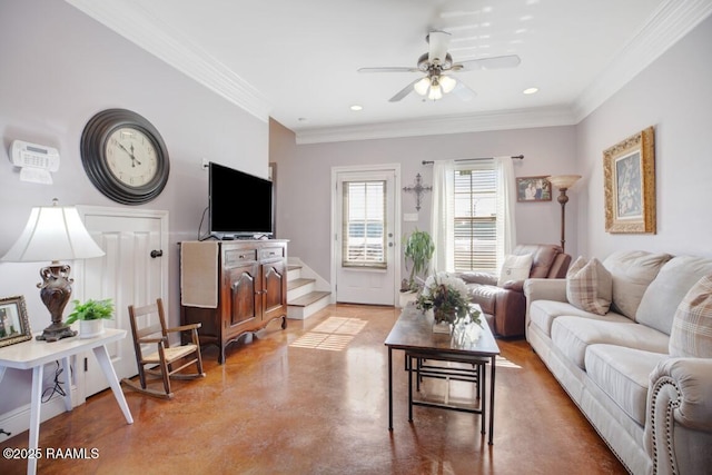 living area with finished concrete flooring, ceiling fan, ornamental molding, and recessed lighting