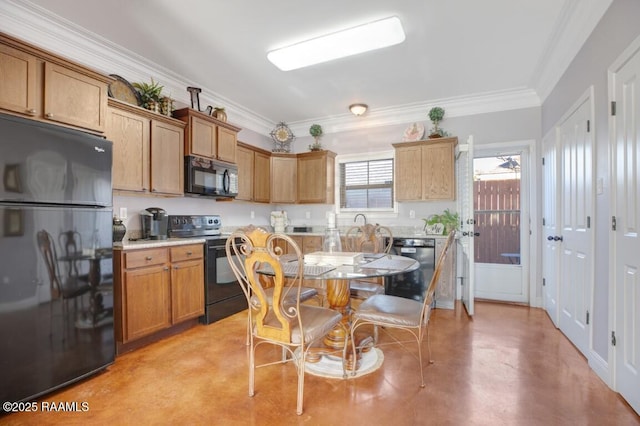 kitchen with black appliances, ornamental molding, light countertops, and brown cabinets