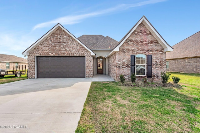 view of front facade with a front lawn, brick siding, driveway, and an attached garage