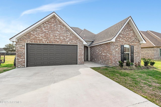 view of front of house featuring a garage, a front yard, concrete driveway, and brick siding