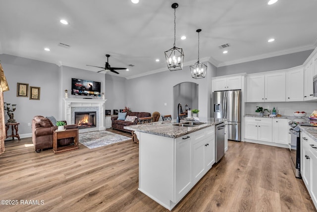 kitchen featuring appliances with stainless steel finishes, light wood-type flooring, a sink, and a glass covered fireplace