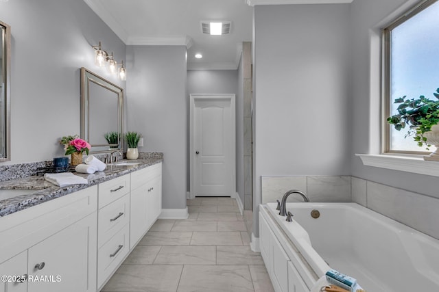 bathroom featuring visible vents, marble finish floor, crown molding, vanity, and a bath