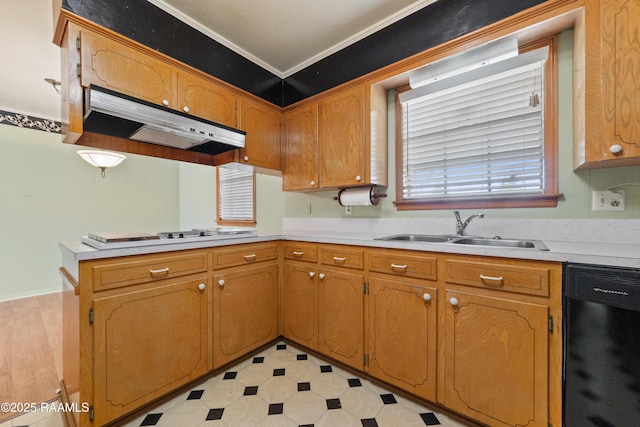 kitchen featuring a sink, under cabinet range hood, black dishwasher, a peninsula, and light countertops