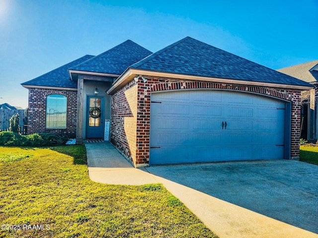 view of front of home featuring an attached garage, brick siding, a shingled roof, concrete driveway, and a front yard