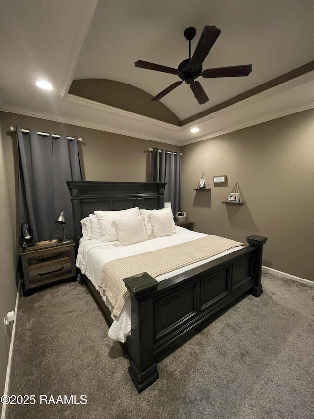 carpeted bedroom featuring recessed lighting, ornamental molding, a ceiling fan, vaulted ceiling, and baseboards