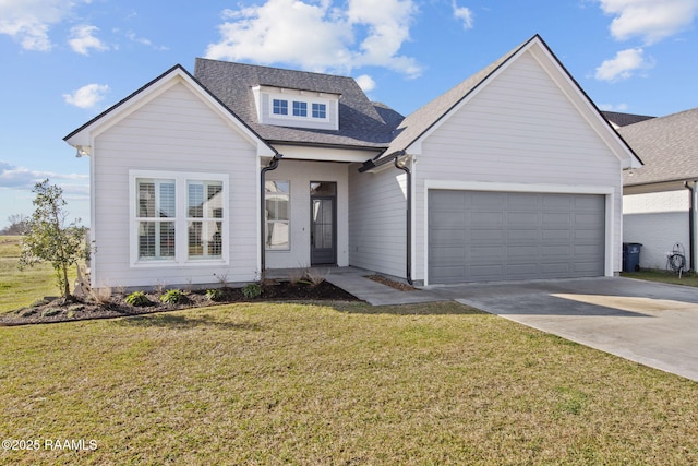 view of front of house with a garage, driveway, a shingled roof, and a front yard