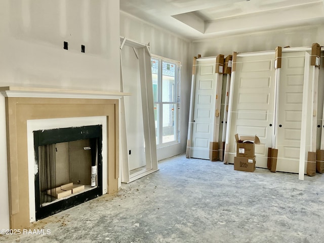 interior space featuring a fireplace and a tray ceiling