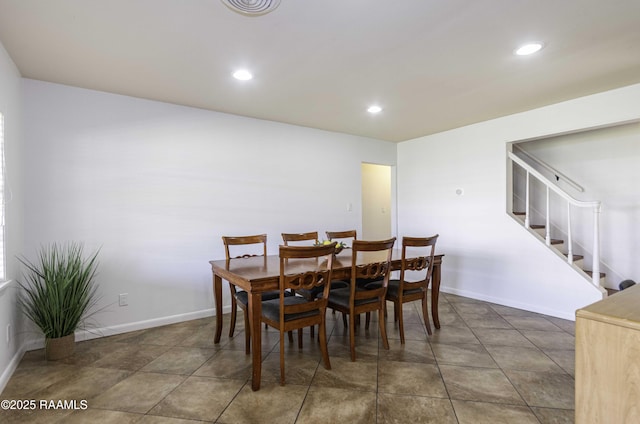 dining area featuring stairway, recessed lighting, tile patterned floors, and baseboards