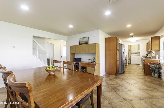 dining area with washer / dryer, stairs, light tile patterned flooring, and recessed lighting