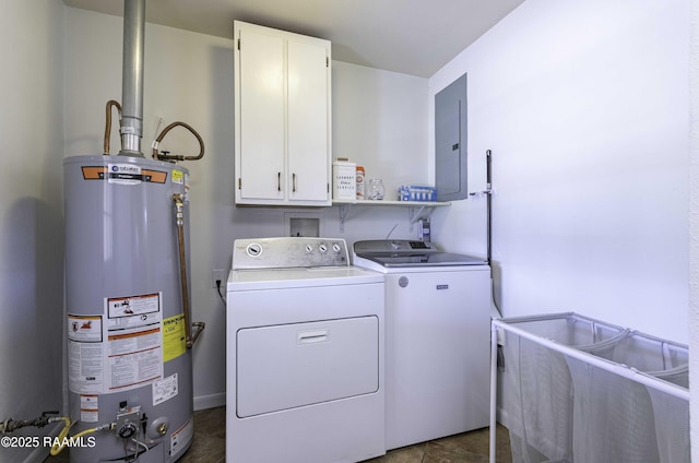 laundry room with electric panel, water heater, cabinet space, and separate washer and dryer