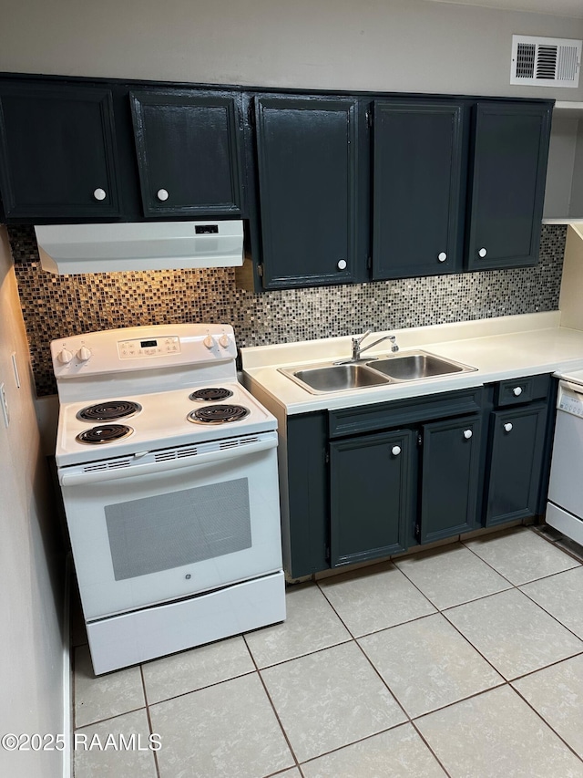 kitchen featuring white appliances, visible vents, decorative backsplash, extractor fan, and a sink