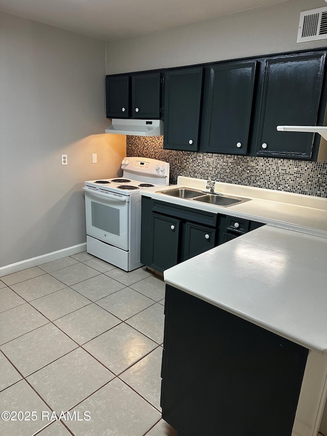 kitchen featuring light tile patterned floors, electric stove, backsplash, under cabinet range hood, and a sink