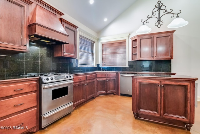 kitchen featuring custom range hood, vaulted ceiling, stainless steel appliances, open shelves, and backsplash