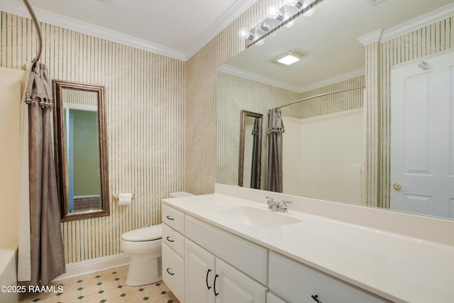 full bathroom featuring toilet, vanity, baseboards, ornamental molding, and wallpapered walls