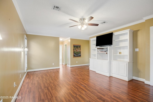 unfurnished living room featuring visible vents, a textured ceiling, and wood finished floors