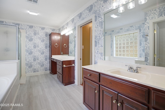 full bath featuring wallpapered walls, ornamental molding, a stall shower, baseboards, and a bath