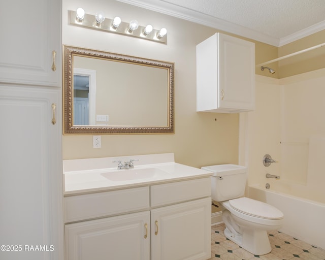 full bathroom with toilet, ornamental molding, tub / shower combination, a textured ceiling, and vanity