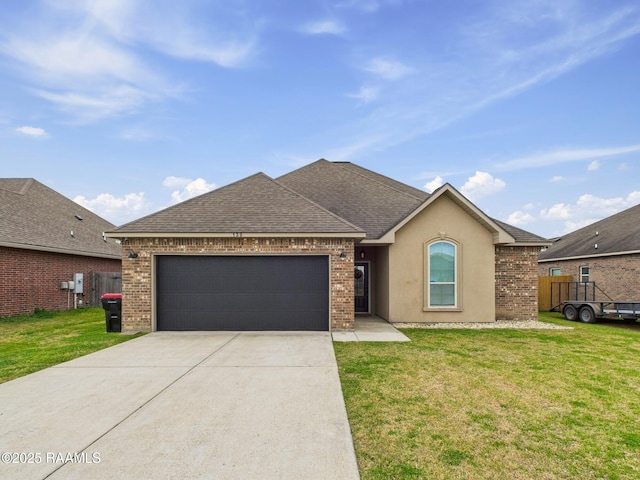 ranch-style house with a garage, concrete driveway, roof with shingles, a front lawn, and brick siding