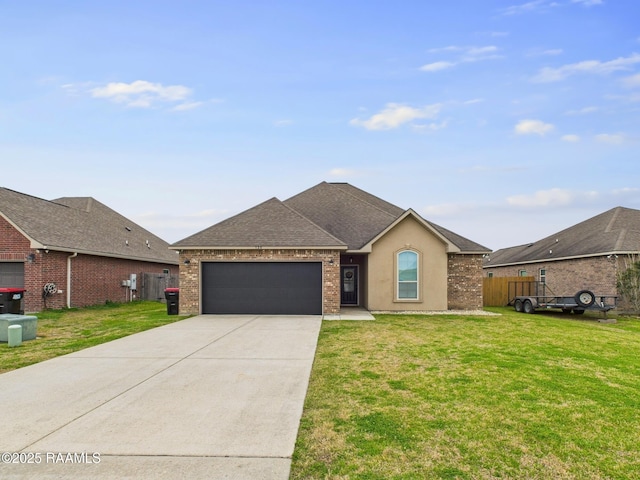 ranch-style house with a garage, a front yard, brick siding, and driveway