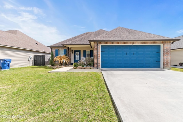 single story home featuring brick siding, concrete driveway, a front lawn, and roof with shingles