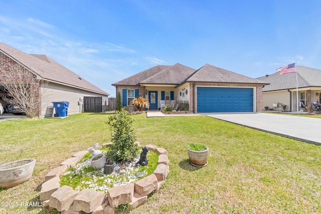 view of front of house featuring roof with shingles, concrete driveway, a front yard, a garage, and brick siding