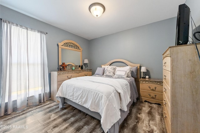 bedroom featuring multiple windows and dark wood-style flooring