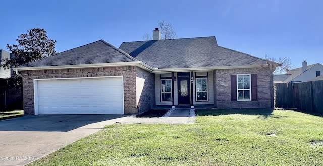 single story home with fence, a front lawn, and brick siding