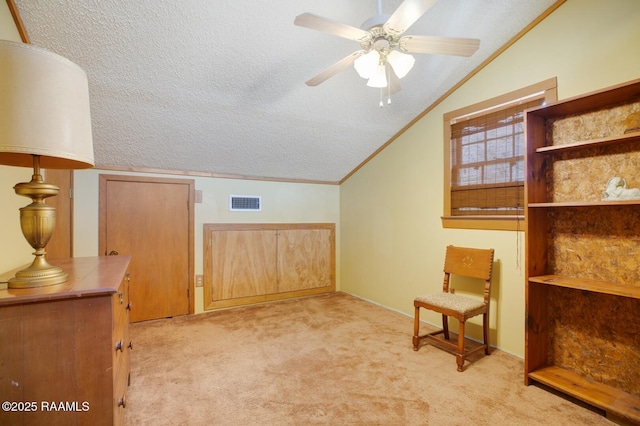 living area with carpet floors, lofted ceiling, and a textured ceiling