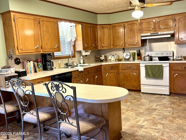 kitchen with under cabinet range hood, white electric range, a sink, dishwasher, and a kitchen bar