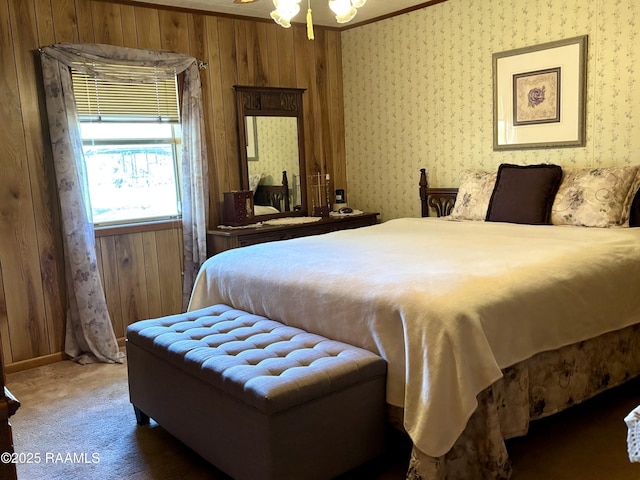 bedroom featuring baseboards, carpet flooring, and wallpapered walls