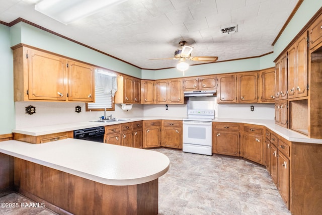 1410 S Chataignier Rd, Ville Platte, LA 70586 - kitchen featuring white range with electric cooktop, under cabinet range hood, dishwasher, brown cabinets, and ornamental molding