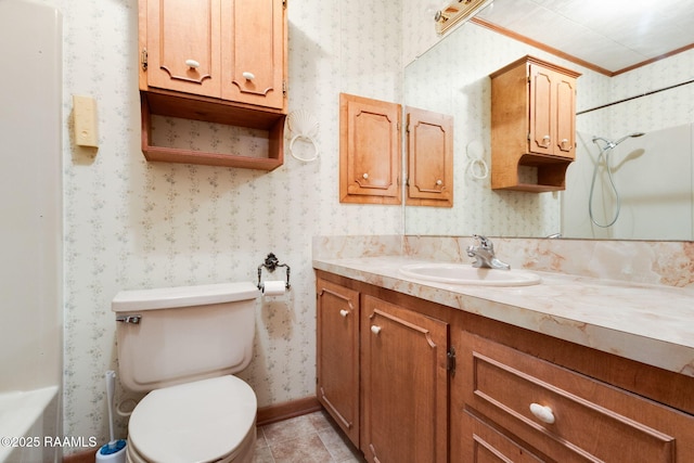 1410 S Chataignier Rd, Ville Platte, LA 70586 - full bath with vanity, wallpapered walls, bathing tub / shower combination, and tile patterned flooring