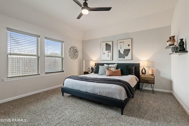 carpeted bedroom featuring a ceiling fan and baseboards