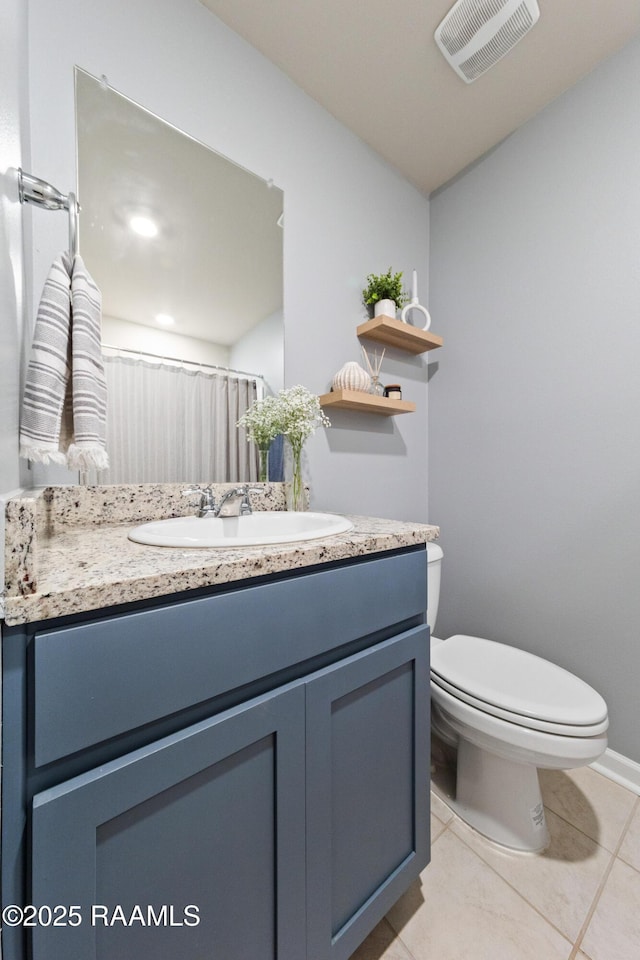 full bath with toilet, tile patterned flooring, vanity, and visible vents