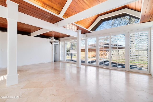 interior space featuring wooden ceiling, beam ceiling, high vaulted ceiling, and a notable chandelier