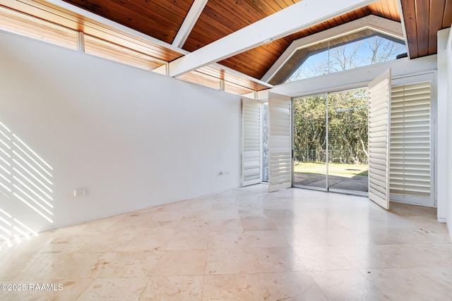 spare room with high vaulted ceiling, beam ceiling, and wooden ceiling