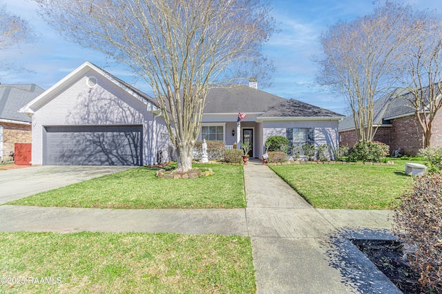 ranch-style home with driveway, a chimney, an attached garage, a front lawn, and brick siding