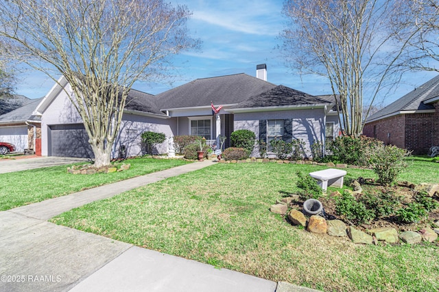 single story home with a garage, driveway, a chimney, and a front lawn