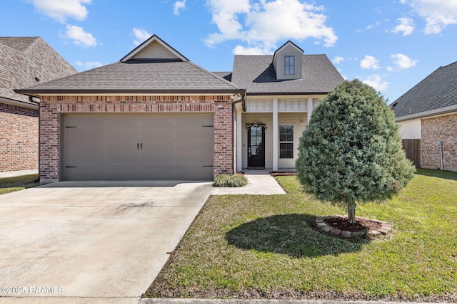 view of front facade featuring brick siding, a shingled roof, a front yard, a garage, and driveway