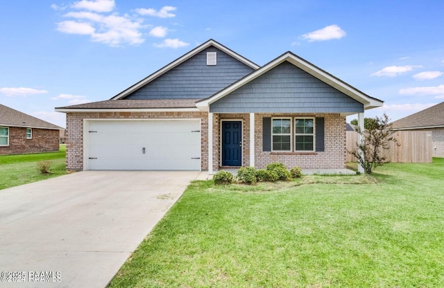 view of front of property featuring an attached garage, brick siding, concrete driveway, and a front yard