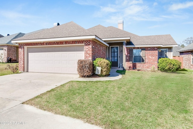 ranch-style house featuring brick siding, roof with shingles, a chimney, a front yard, and driveway