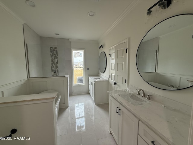 full bath with crown molding, two vanities, tile patterned floors, and a sink