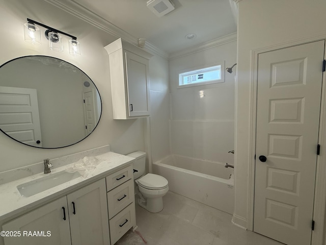 bathroom with toilet, vanity, bathing tub / shower combination, and ornamental molding