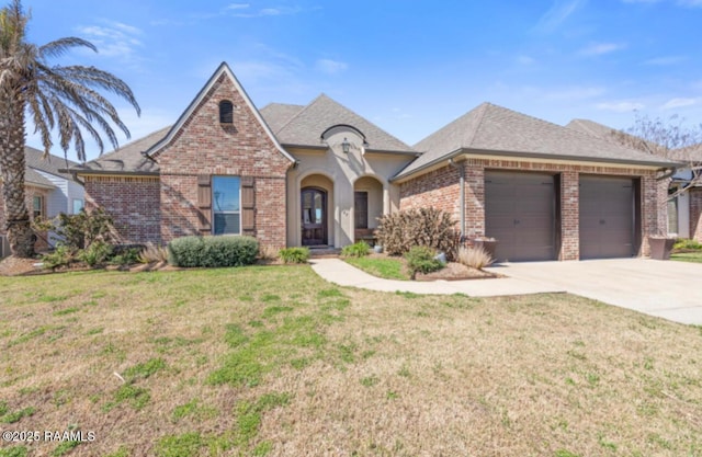 french provincial home with driveway, a garage, brick siding, roof with shingles, and a front yard