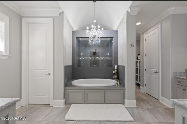 full bathroom featuring crown molding, vanity, a chandelier, baseboards, and a bath