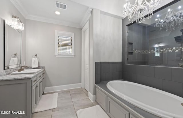 full bathroom with baseboards, visible vents, ornamental molding, vanity, and a bath